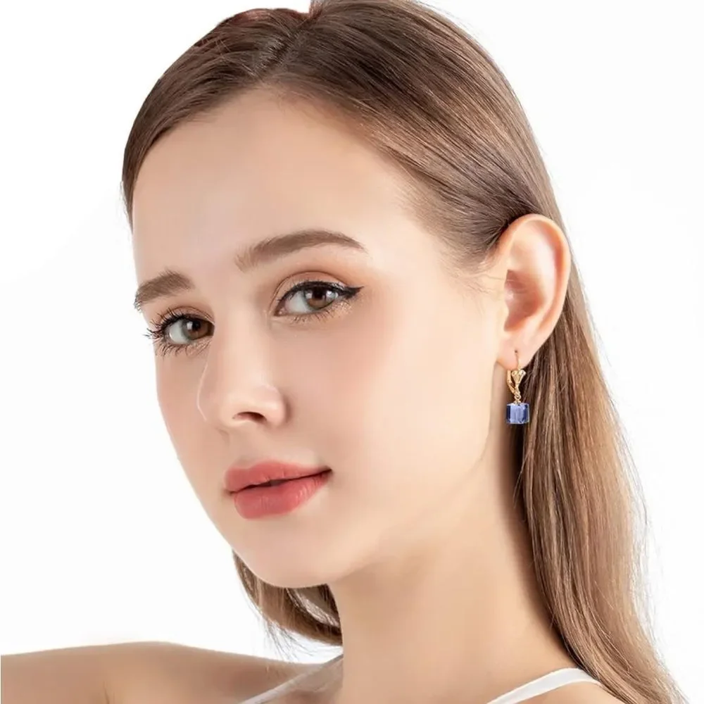 14K Yellow Gold with Purple Tanzanite Austrian Crystal Cube Leverback Earrings